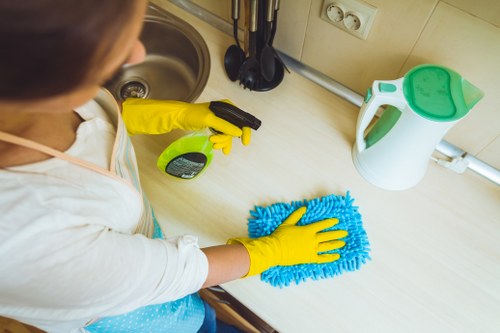 Cleaner in SE5 sanitising a kitchen and bathroom area